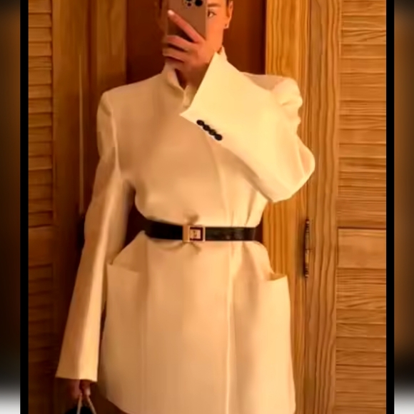 White Stand Collar Jacket Coat Double Pocket Elegant Socialite Women Cuff Button - Picture 13 of 15